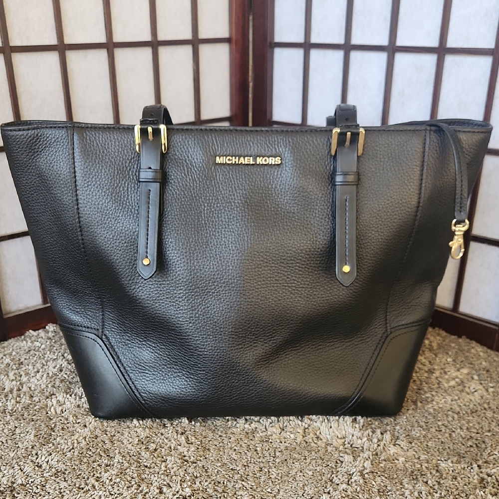 Michael Kors Black Leather Tote with Gold Hardware